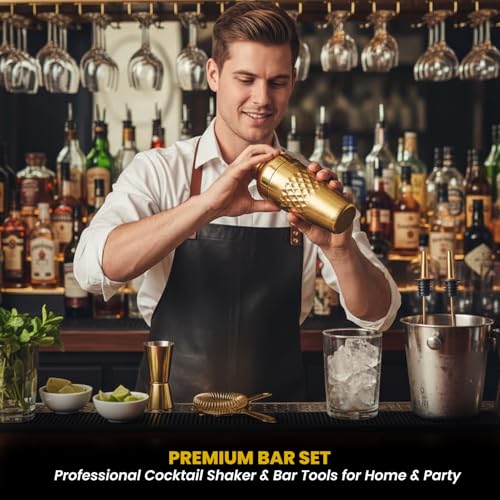 Image of O' Holic by Perch Craft 8-Piece Stainless Steel Bartender Kit|Premium Cocktail Shaker Set with Jigger 30 /60ml, Spoon,Pourer,Ice Tong, & Bar Tools|Professional Bar Set for Home &Tour Parties|Golden