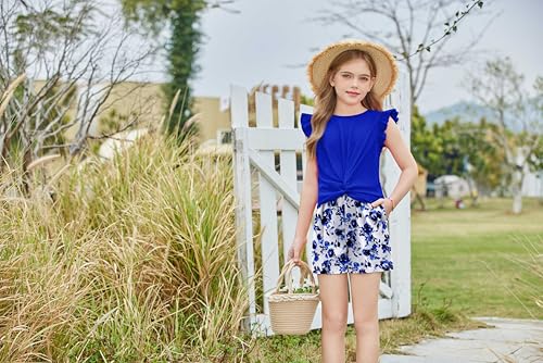 Image of Arshiner Girls Shorts Sets 2 Pieces Outfits Twist Front Ruffle Sleeve T-Shirts and Shorts With Pockets Cute Clothes Sets