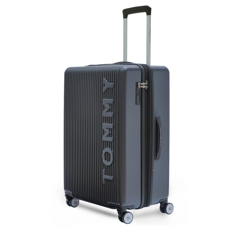 Image of Tommy Hilfiger Polyester Luggage Trolley, Grey, Empire Plus, 63L | Big Hard Suitcase for Travel Medium 360 Degree