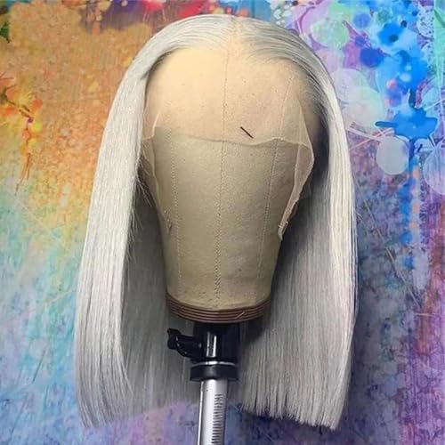 FJsuprise Grey Bob Wig Human Hair 13x4 HD Transparent Lace Frontal Silver Wigs for Black Women 180% Density Glueless Straight Short Silver Grey Bob Human Wig Hair Pre Plucked with Baby Hair 8 Inch