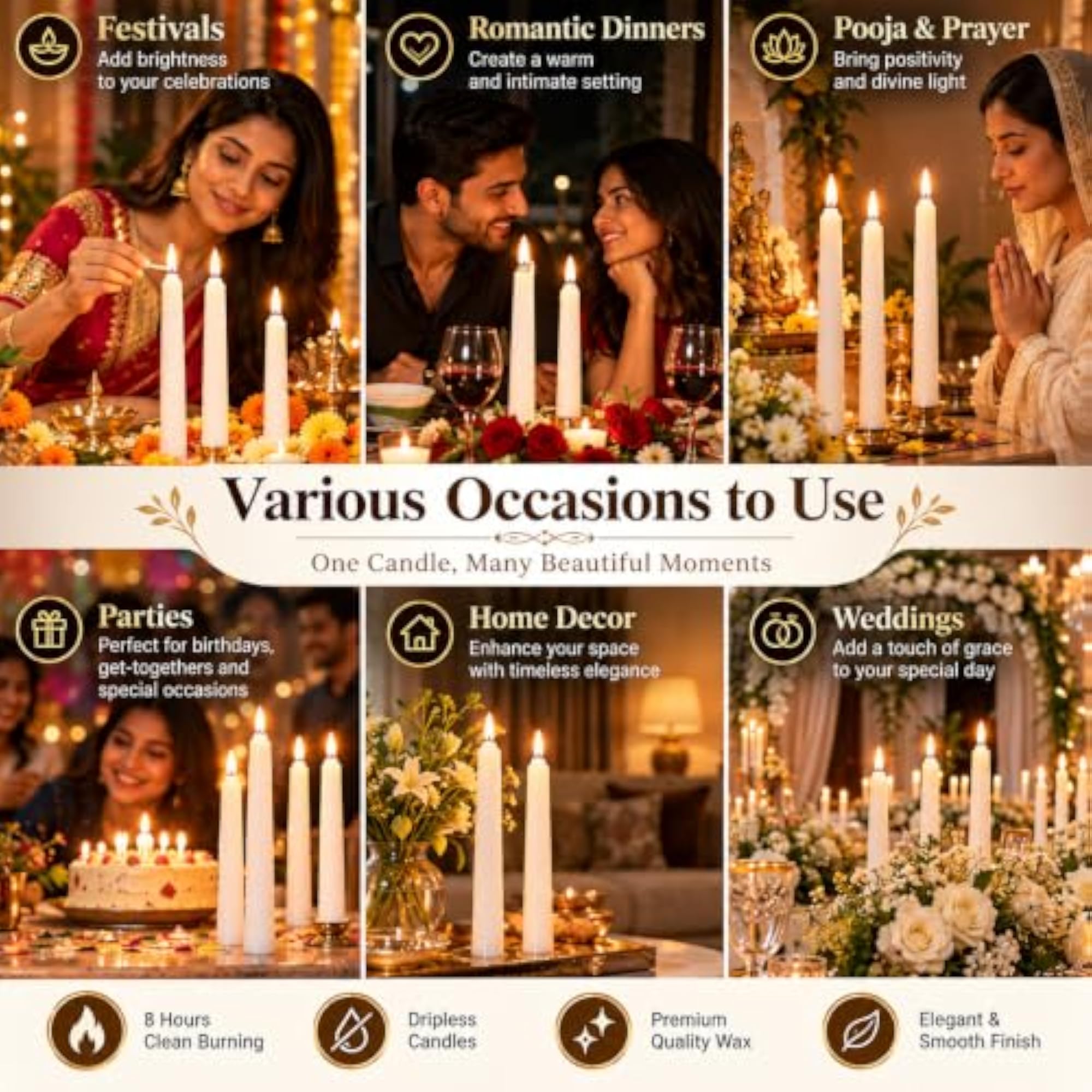 Long White Taper Candles, Dripless Candlesticks, Gift Set