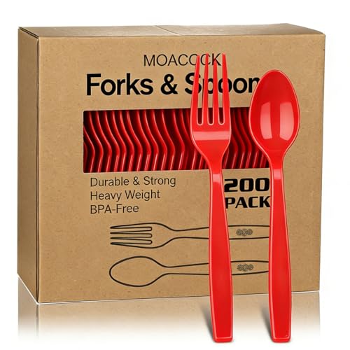 Image of MOACOCK 200 Count Red Plastic Silverware, Heavy Weight Plastic Forks Spoons Disposable Utensils Cutlery Set for Wedding Party Supplies Everyday Use
