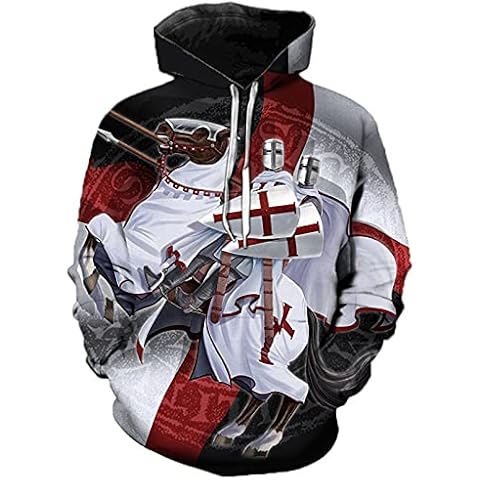 Men's Knight Templar Hoodie Retro Medieval Armor Crusader Printed Pullover Sweatshirt with Pocket Cover