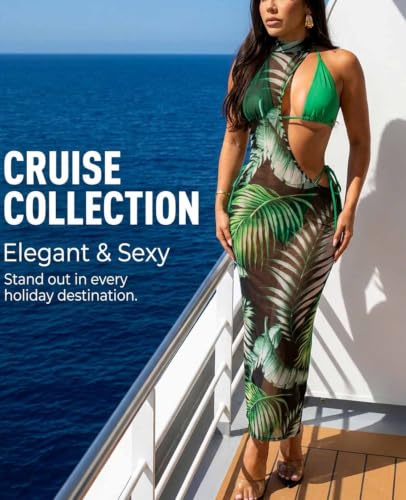 Image of Women Sexy Swimsuit 3 Piece Mesh Bikini Sets Bathing Suit with Cover Ups | Women 3pcs Beach Vacation Outfits,Sexy Halter Triangle String Bikini Set,Floral Boho Cover Up Maxi Dress,Cute Swimming Suits