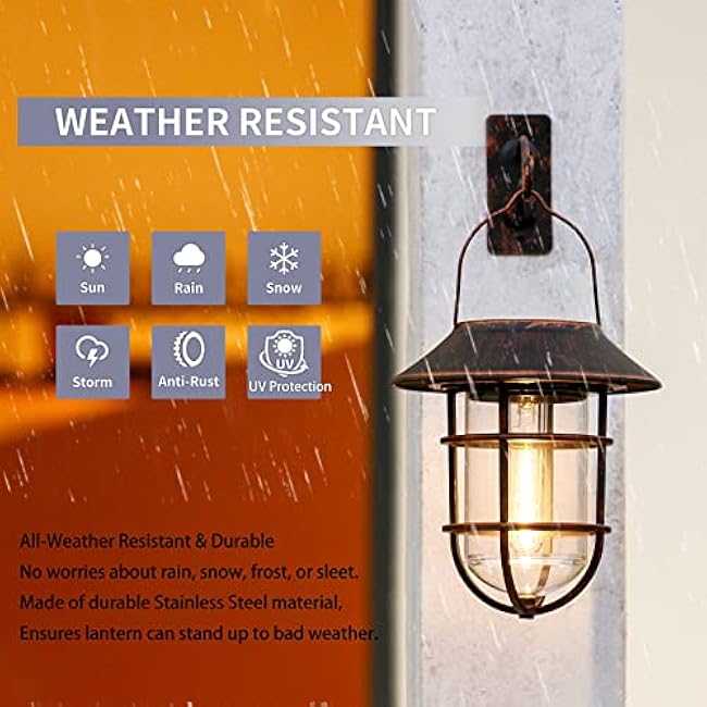 Solar Lantern Outdoor Hanging Solar Lights, Waterproof Metal Outdoor Lights with Clear Glass, LED Edison Bulbs Cordless Decorative Aluminum Wall Lantern with Hooks, Bronze
