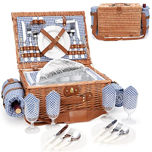 Panier de pique-nique pour 4 personnes, paniers de pique-nique isothermes en saule avec bandoulière, panier de pique-nique avec couverture de pique-nique...