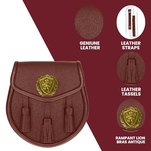 Image of Scottish Original Leather Sporran with Leather Belt & Chain (Brown Leather Attique Big Rampant Lion Sporran)
