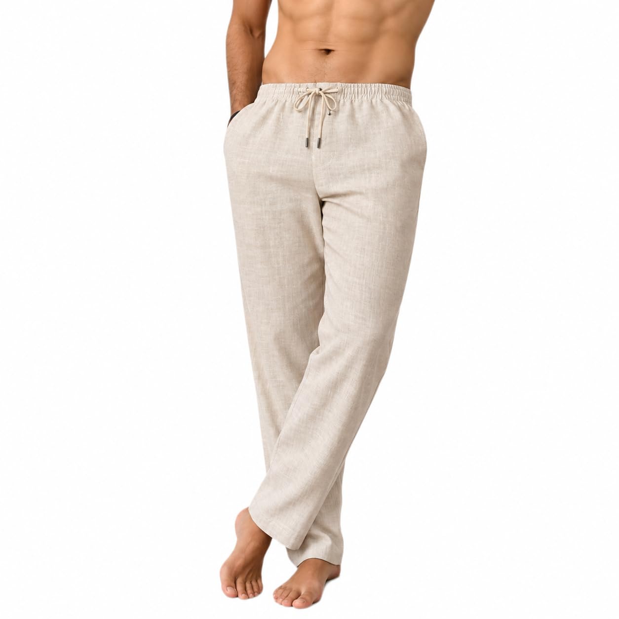 Men's Cream 100% Linen Pajama | Premium Soft Lounge Pants with Elastic Waist & Drawstring | Breathable Relaxed Fit Casual Wear for Home Travel & Everyday Comfort