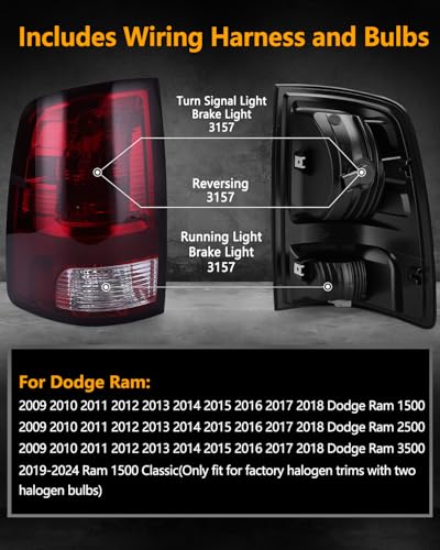 Image of OKLPF Rear Brake Tail Light Compatible With Dodge Ram 1500 2500 3500 2009-2018,Ram 1500 Classic 2019-2024,Included Bulbs,Replace Smoked Red Taillight Assembly fit Factory Halogen Trims Only