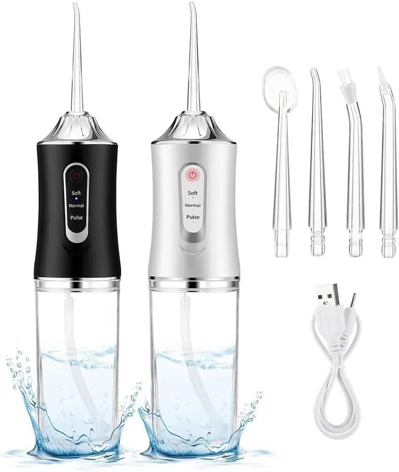 Water Dental Flosser Teeth Pick Portable Cordless Oral Irrigator Rechargeable Travel Irrigation Cleaner 3 Modes 4 Jets IPX7 Waterproof Electric (White)