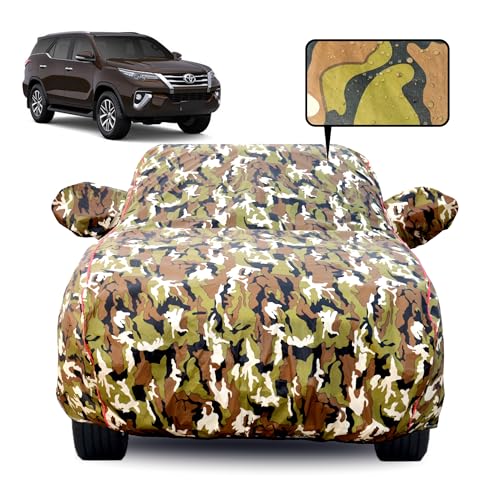Image of Waterproof Car Body Cover for Toyota Fortuner with Fender Mirror with Mirror Pocket, Soft Cotton Lining, Triple Stitched, Full Bottom Elastic (Heat Resistant Jungle Print with Red Piping)