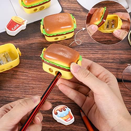 4 Pcs Hamburger Pencil Sharpeners, Funny Portable Manual Pencil Sharpener with Eraser, Compact Dual Holes Pencil Sharpener with Lid for School Kids