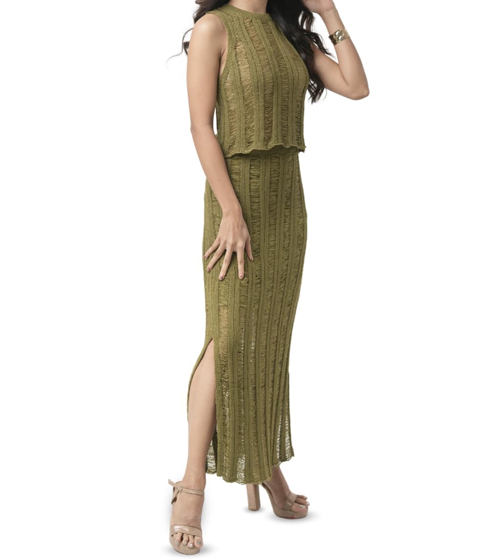 Novelle Fashion Skirt Sets Women 2 Piece Outfits | Maxi Sleevless Crop Tops & Midi Skirts | Open-Knit Design & Vertical slit