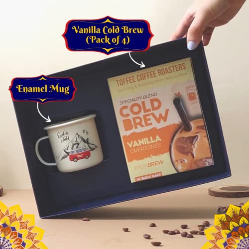 Image of Toffee Coffee Roasters | Cold Brew Gift Box | Vanilla Cold Brew (Pack of 4 Bags) + Enamel Mug | As Seen On Shark Tank | 100% Arabica Coffee, Grounded Coffee Freshly Roasted