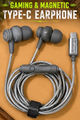 Image of Gaming Type-C Wired Earphone with Mic, 10mm Dynamic Bass Driver, Magnetic in-Ear Headphones, Low Latency Sound for Gaming, 1 Button Control, HD Calling, Voice Assistant, (Gray)