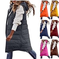 womens vest top Long Puffer Vest for Women Winter Hooded Sleeveless Puffer Vest Padded Coat Warm Thick Quilted Coats with Pockets Dark Gray S