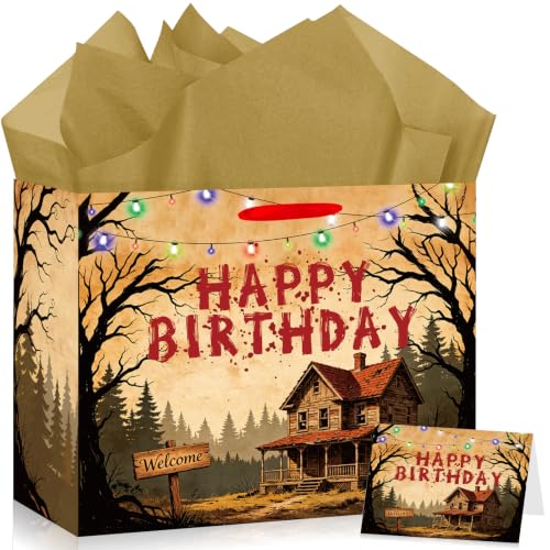 Stranger House Gift Bag Happy Birthday Gift Bag Large Scary House Favor Bag with Greeting Card Tissue Paper for Kids Adult Mystery Horror Movie Fans Birthday Fall Forest Party Supplies Decorations