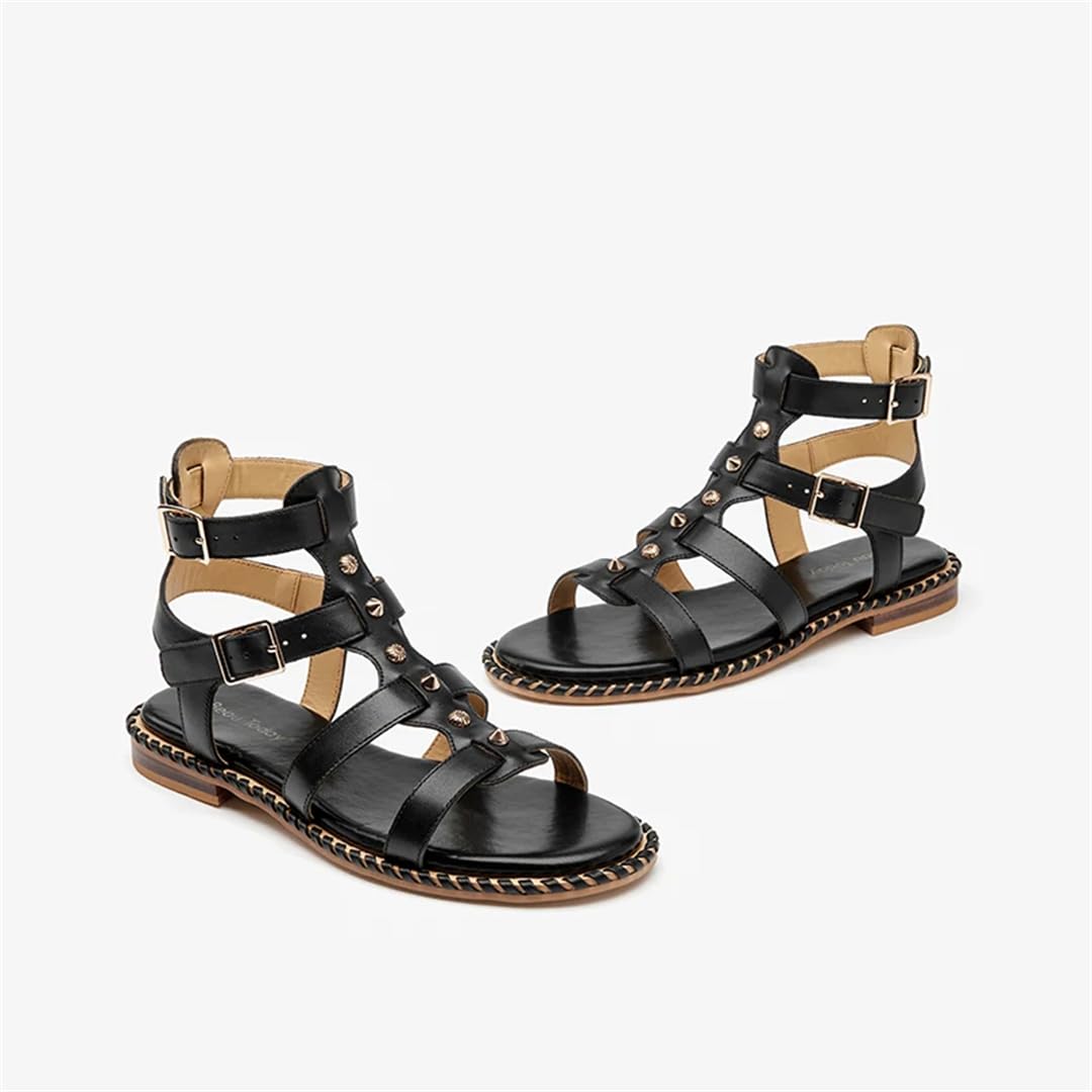 Sandalias de gladiador con correa de hebilla y correa al tobillo para mujer, tacón plano, estilo gladiador, piel de becerro, doble hebilla, de metal, informales, de verano