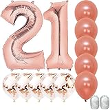 Jumbo 40 inch Mylar Foil Rose Gold Balloon Number 21, with 5 Confetti Balloons and 5 Rosegold Latex Balloons and Bonus String for Happy Birthday Party Supplies