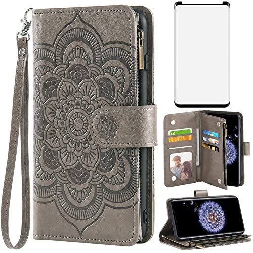 Coque Samsung S9 Plus mandala gris avec étui portefeuille et chaîne amovible