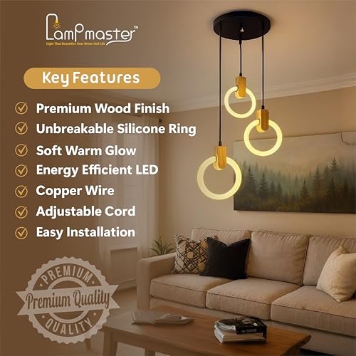 Image of Lampmaster 3-Ring LED Pendant Light | Modern Hanging Ceiling Lamp with Wooden Accent & Warm White Glow | Decorative Chandelier for Living Room, Dining Room, Bedroom, Restaurants & Cafe Interior