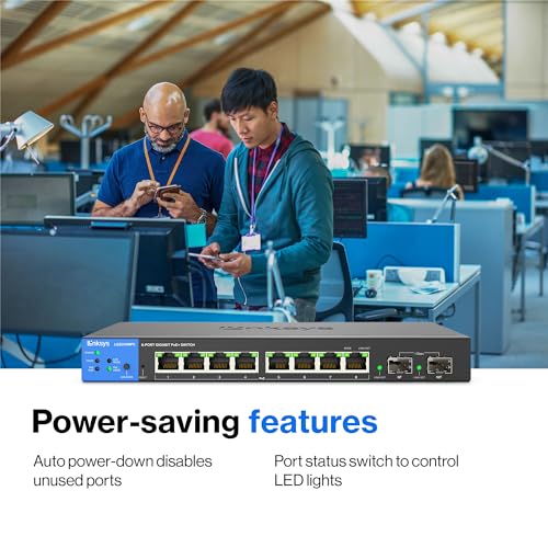 Image of Linksys LGS310MPC 8 Port Gigabit Network PoE+ Switch @ 110W with 2 Uplink Gigabit SFP Slots - Advanced Security, QoS, Static Routing, VLAN, IGMP Features - Metal Housing, Desktop / Wall Mount