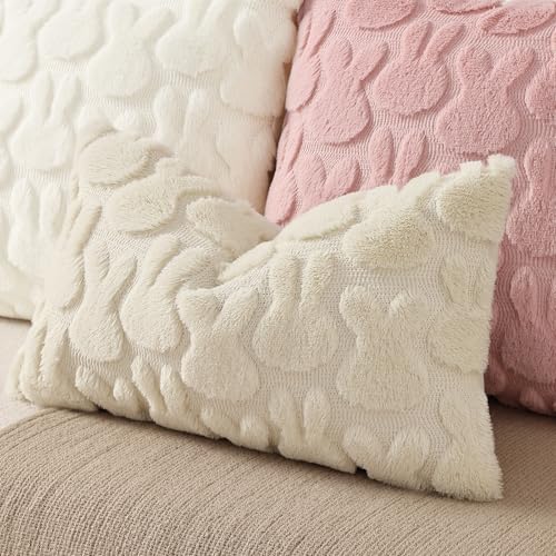 Image of decorUhome Easter Bunny Pillow Covers 12x20 Inch Set of 2, Soft Plush Faux Wool Jacquard Beige Rabbit Cushion Covers, Farmhouse Neutral Spring Easter Holiday Decor for Couch Sofa Bed