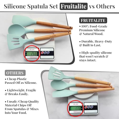 Image of Fruitalite Silicone Spatula Set- 3 Pcs | Non-Stick Kitchen Utensils with Wooden Handle- BPA Free, Heat Resistant Set, Non Toxic Premium Cookware Tools for Cooking, Baking & Mixing- Beige