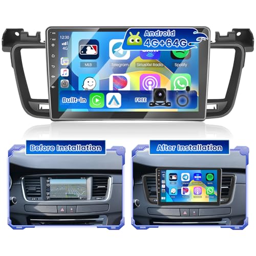 Hikity 4G+64G Android 15 Radio Coche para Peugeot 508 2012 2016 Autoradio 2 DIN Wireless Carplay Android Auto 9 Pulgadas Pantalla Táctil con GPS WiFi FM/RDS 32EQ Cámara Mic