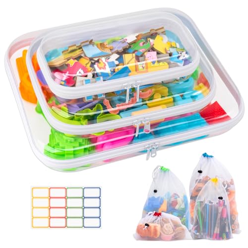 Pechor Toy Storage Organizer, 3pcs Clear Hard Shell Zipper Case Reusable for Toys, Puzzles Pieces, Building Blocks, Crafts (with 16pcs Labels and 4 Size Storage Bags)