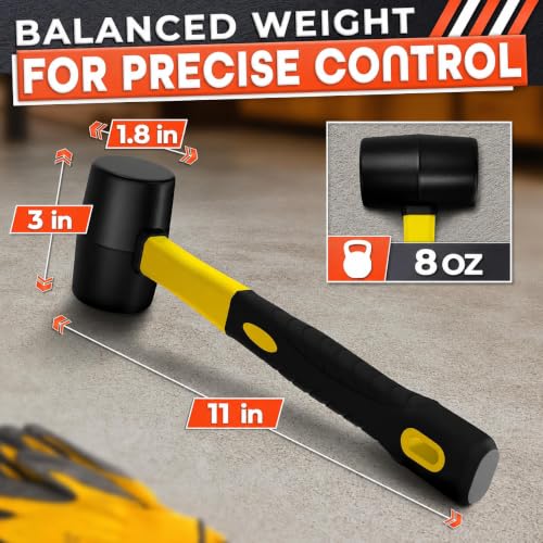 Image of Rubber Mallet Hammer 8 Oz, Soft Face Non-Marring Head (Yellow) | Small Mallet with Non-Slip Ergonomic Grip for Woodworking, Tile, Flooring, Furniture Assembly, Jewelry, and Leatherwork