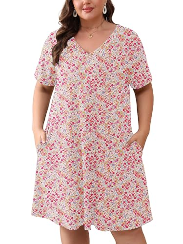 Image of AusLook Plus Size Midi Dress for Women Loose V Neck Short Sleeve Summer Casual A Line T Shirt Sundresses with Pockets 1X-5X