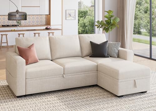 Image of HONBAY Modular Sectional Sleeper Sofa with Pull Out Bed, L Shaped Couch with Storage Seat, Modular Sectional Couches for Living Room - Beige