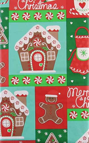 Happy Holiday Gingerbread House and Cookies with Candy Canes Peppermint Candy Vinyl Tablecloth (52 x 70)