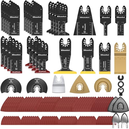 Ezkamfort 138Pcs Multi Tool Blade Titanium Multitool Blade Kits for Wood Nails Drywall Japanese Tooth with Storage Bag Universal Oscillating Saw Blades Compatible with Ryobi Makita Milwaukee