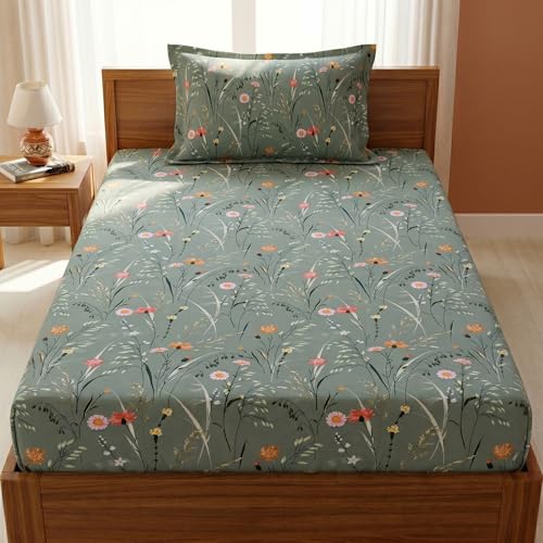 Image of Mafatlal 125 GSM Merino Single Size Bedsheet with Pillow Cover | 90 x 60 Inches | Soft, Breathable & Lightweight | Green