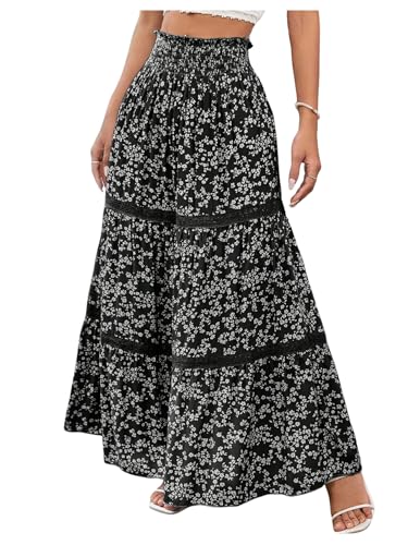 Verdusa Women's Floral Maxi Skirts Tiered Boho Shirred Flowy Summer Vacation A Line Skirt