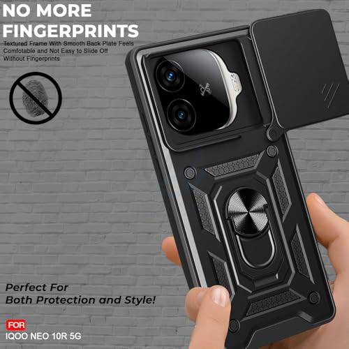 Image of AESTMO Tough Armor iQOO Neo 10R 5G Bumper Back Case Cover | Ring Holder & Sliding Camera Shield Cover | 360 Degree Protection Back Case Cover for iQOO Neo 10R 5G (Black)