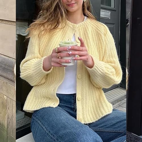 Crochet Cardigan Sweaters for Women Tops Chunky Knitted Crew Neck Long Sleeve Button Down Jackets Open Front Coat3