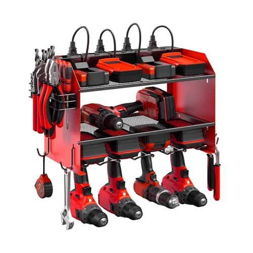 Heavy Duty Wall Mounted Power Tool Organizer Rack With Charging Station – 2-Tier Steel Drill Holder with Hooks & Side Slots for Screwdrivers, Wrenches – Red Tool Storage Shelf