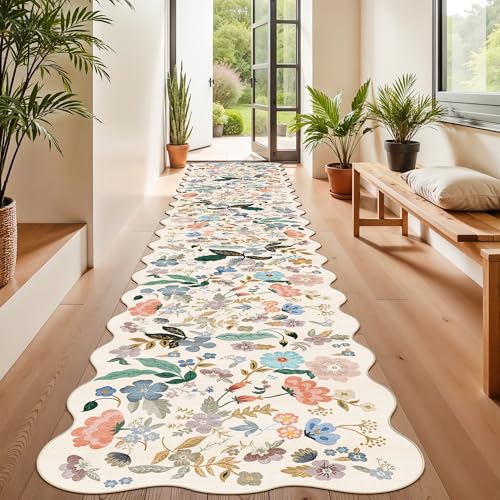 Hallway Floral 2'6x14 Runner Rugs: Washable Scalloped Soft Carpet with Non-Slip Backing for Entryway Kitchen Stain-Resistant Bedroom Floor Mat – Gifts for Newlyweds/Household Home Dcor (2'6x14,Cream)