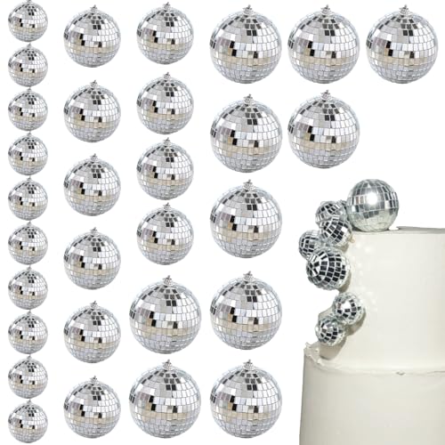 30PCS Mirror Disco Ball Set 1.2 Inch Silver Glitter Balls with Hanging Strings 70s Retro Party Decorations for Dance Floors Christmas Tree Wedding Birthday Club and Event Décor