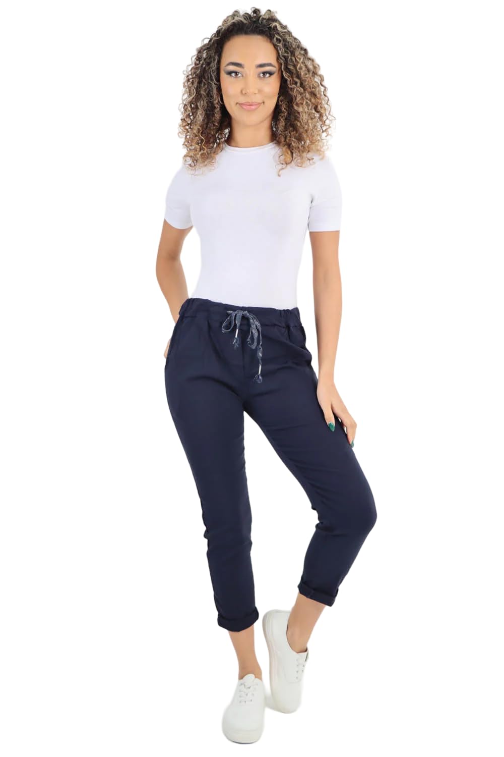 Turnhint Women's Navy Turnhint® Plain Magic Trousers, Italian Lagenlook Crushed Casual Stretchy Joggers Yoga Pants With Back Pocket (, 10-16)