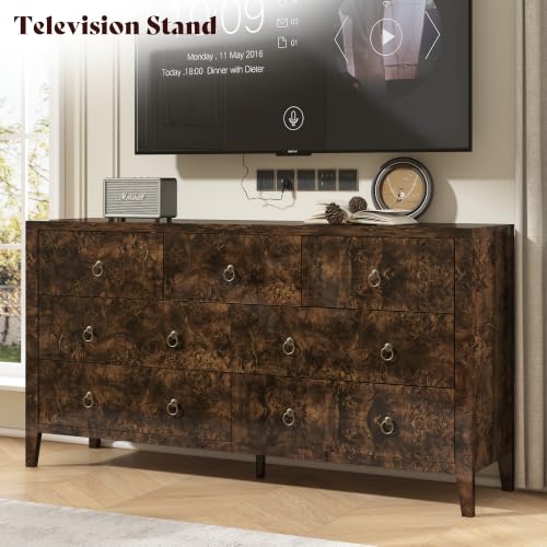 Image of AMERLIFE 61 inch Wide 7 Drawer Dresser with High Gloss Burl Wood, Brown