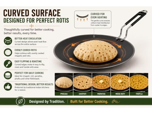 Image of Pure Iron Tawa for Roti & Chapati with Strong Steel Handle | Heavy Duty Curved Surface Iron Tava for Multipurpose Uses & Health Benefits | Non-Toxic, No Chemical Layers | Gas Stove | 10 Inch, 1 KG