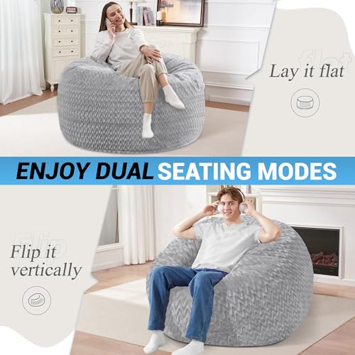 Image of 3FT Bean Bag Chair,Giant Bean Bag Chairs for Adults,Big Bean Bags with Memory Foam Filled, Large Beanbag Chairs with Chevron Plush Cover-Light Grey
