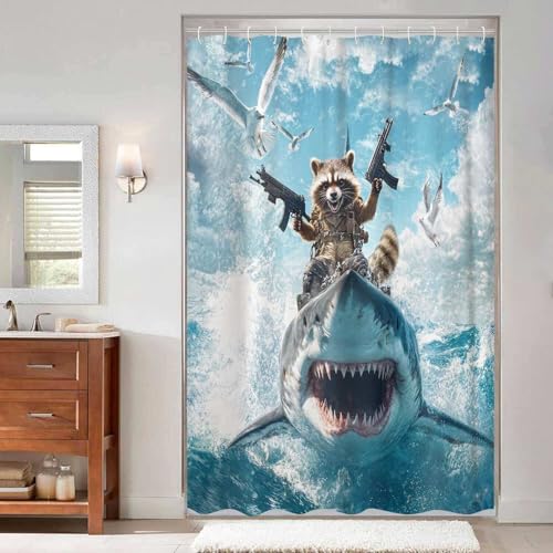 Image of Funny Kids Shower Curtain, Cool Raccoon Riding Shark Ocean Shower Curtains for Bathroom, Fun Nautical Animal Fabric Bathroom Accessories Decor Curtain, with Hooks 72x72 Inch