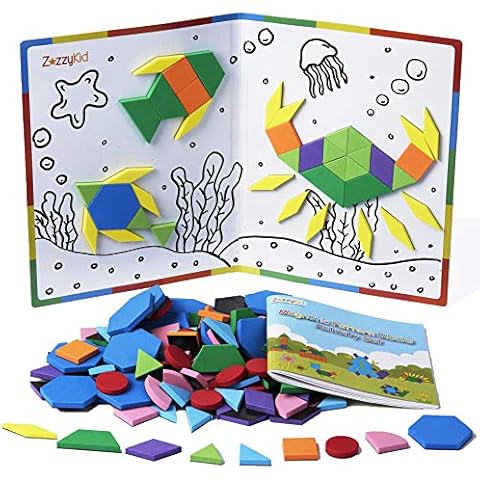 ZazzyKid Kids Magnetic Pattern Blocks Set: 216 PCS Geometric Shape Puzzles Tangram - STEM Cover