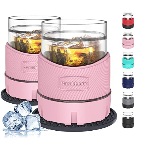 Ourokhome Whiskey Freeze Glasses, Patent Plastic Ice Chiller for Bourbon, Scotch, White Wine, 5 oz Insulated Liquor Tumbler for Men and Women, 2 Sets, with 2 Silicone Cup Mats, Pink