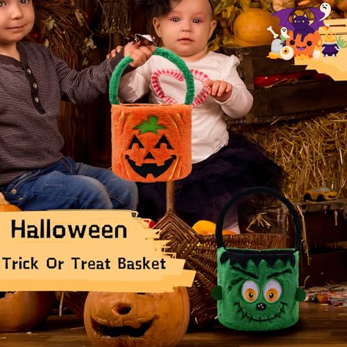 Image of Dia 7.9 inch * H 15.7 inch, Plush Halloween Baskets Trick or Treat Bags Halloween Candy Bucket, Gift Bucket for Party Favor Supplies (2Pcs-Pumpkin&Hulk)
